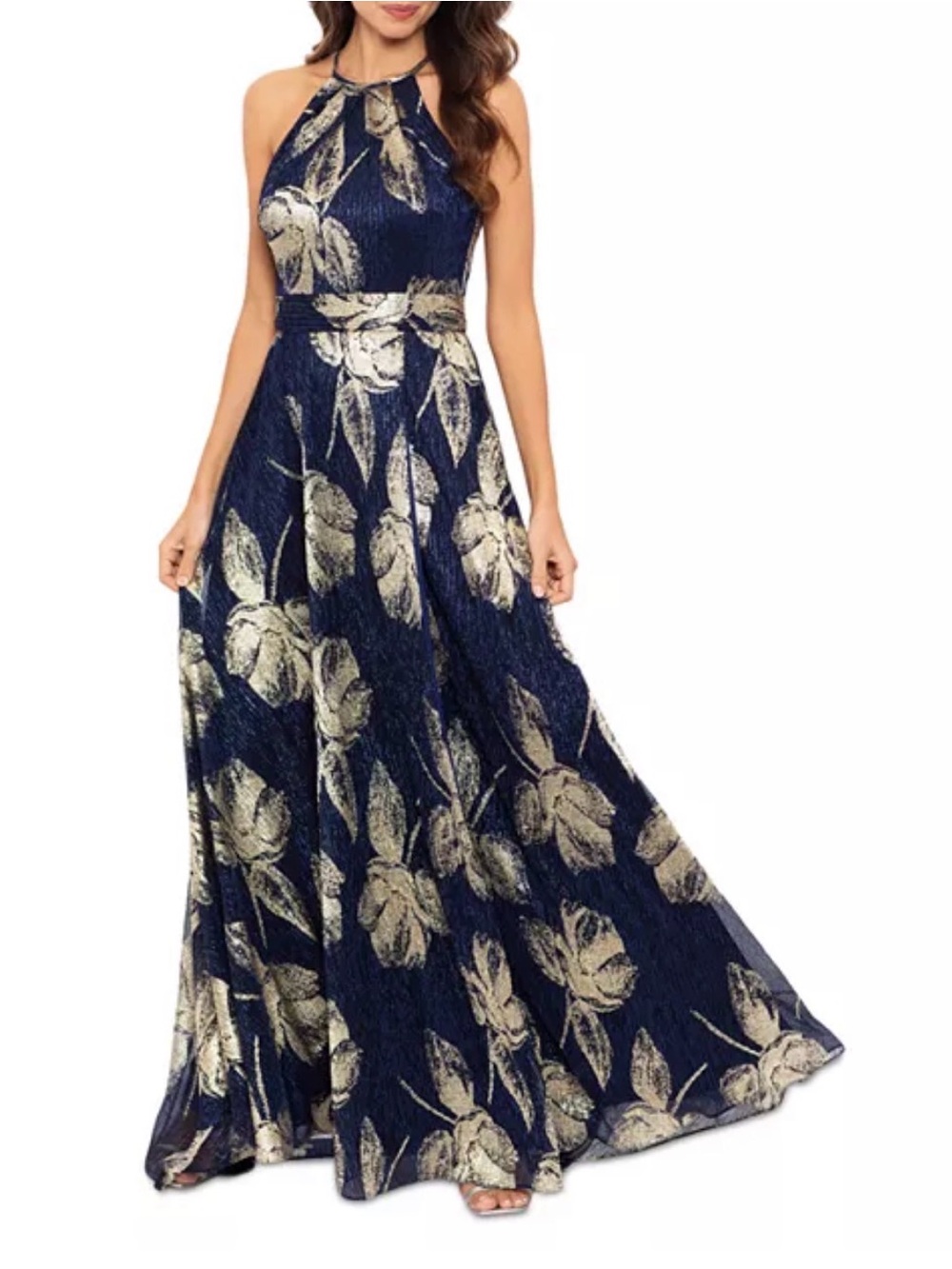 Aqua Navy and Metallic Gold Halter Evening Gown
